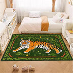 Jungle Tiger Area Rug,4x6ft, Cozy Jungle Style Tiger Print Area Rug Surrounded by Green Plants and Yellow Flowers Washable Animal Rug for Farmhouse Living Room Bedroom Kitchen Kids Room Decor
