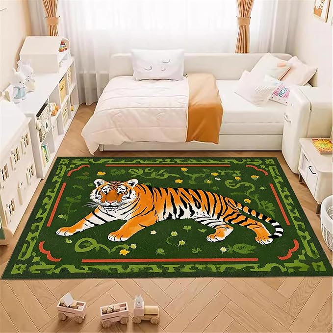 Jungle Tiger Area Rug,3x5ft, Cozy Jungle Style Tiger Print Area Rug Surrounded by Green Plants and Yellow Flowers Washable Animal Rug for Farmhouse Living Room Bedroom Kitchen Kids Room Decor