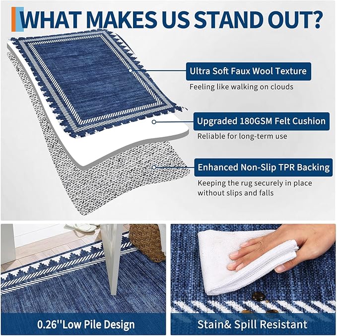 Bordered Printed 10x13 Washable Area Rugs for Living Room Modern Non Slip Foldable Soft Indoor Carpet Geometric Stain Resistant Dining Room Bedroom Large Indoor Rugs, Blue