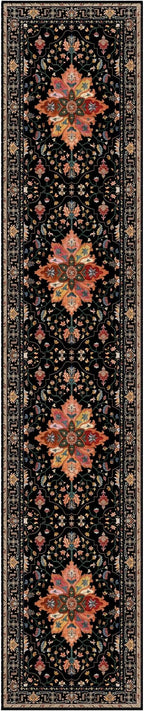 Area Rugs 2'6''x14' Washable Non-Slip, Floral Vintage Distress Print Pattern Medallion Carpet for Living Room Bedroom Dining Room, Black Colorful Floral Dark Tan