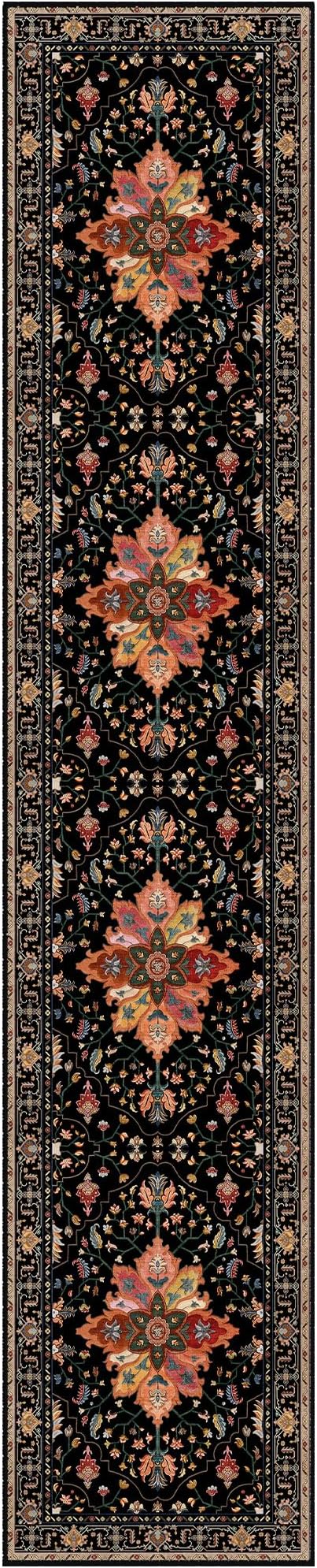 Area Rugs 2'6''x12' Washable Non-Slip, Floral Vintage Distress Print Pattern Medallion Carpet for Living Room Bedroom Dining Room, Black Colorful Floral Dark Tan