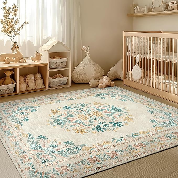 jinchan Vintage Floral 6x9 Area Rugs for Living Room - Machine Washable Distressed Design Soft Throw Rug Ultra-Thin Non-Slip Large Carpet for Bedroom Nursery Dining Room Home Office (6x9ft, Apricot)