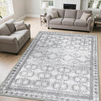 6x9 Washable Area Rug Non Slip, Faded Grey Living Room Rugs Low Pile, Thin Vintage Floral Carpets, Indoor Large Distressed Print Carpet for Bedroom Dining Room Farmhouse Home Office College Dorm