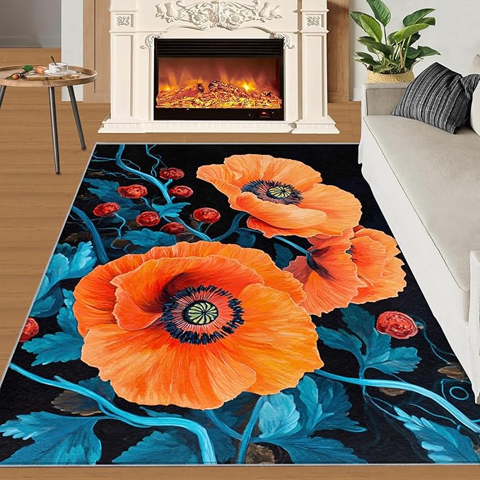 8x10 Poppy Rugs for Living Room - Retro Flowers Art Large Area Rug, Rustic Florals Art Modern Boy Nursery Rug Soft Washable for Classroom Office Bedroom Kids Room