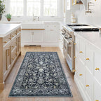 KILOCOCO Area Rug 3x5 Entryway Rug Washable Printed Vintage Floral Rubber Backed Non Slip Indoor Kitchen Rugs for Living Room Laundry Room Playroom Mudroom Moroccan Area Rugs, Navy/Charcoal
