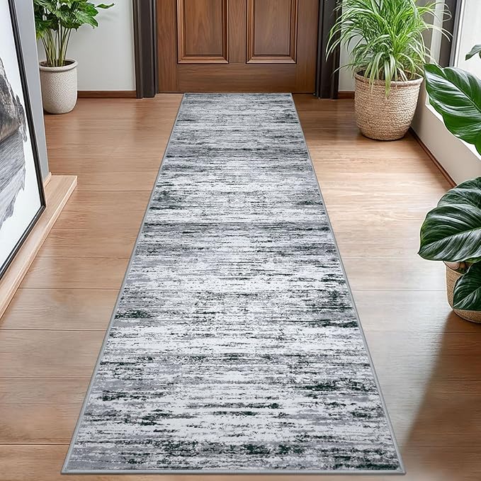 Modern Abstract Hallway Runner Rug, Black Grey White White Washable Kitchen Runner Non-Slip Soft 2x8 Runner Rug Thin Print Faux Wool Carpet for Entryway Bedroom Laundry Room Indoor Home Decor
