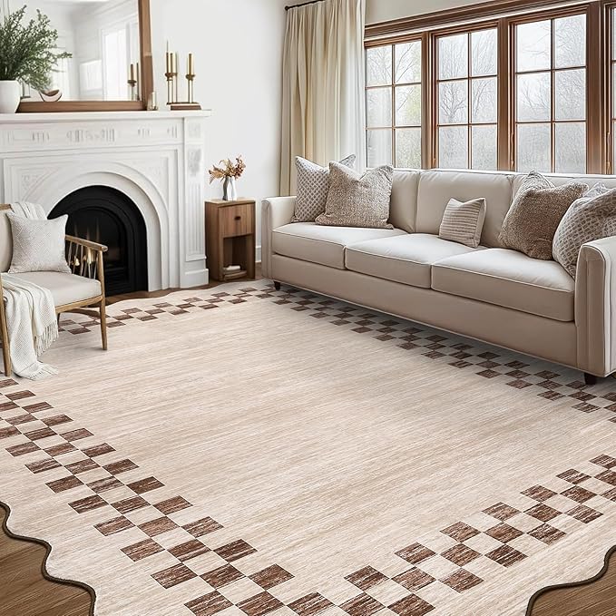 GarveeHome 10x13 Area Rug Large Living Room Scalloped Rug Non Slip Low Pile Bedroom Throw Carpet Soft Modern Bordered Dining Room Rug Stain Resistant Boho Carpet for Home Office, Beige