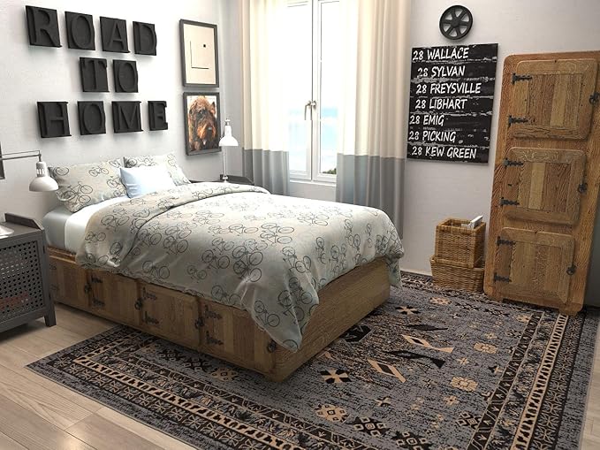 Unique Loom Taftan Collection Border Geometric Tribal Inspired Design Area Rug (8' 0 x 8' 0 Square, Gray/ Black)