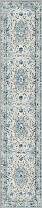 Area Rugs 2'6''x12' Washable Non-Slip, Floral Vintage Distress Print Pattern Medallion Carpet for Living Room Bedroom Dining Room, Light Blue Navy Beige Gray White