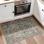 2x3 Machine Washable Area Rug for Entryway, Grey Rusty Boho Vintage Floral Rug Non-Slip Low Pile Soft Faux Wool Small Carpet, Kids and Pets Friendly for Bedroom Kitchen Hallway Bedside Home Decor Rug