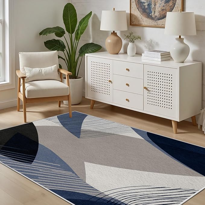 Abstract Art Line Living Room Area Rugs 5x7, Modern Boho Geometric Print Soft Rug, Minimalist Washable Non Slip Neutral Carpet for Bedroom, Dining Room Office Playroom, Navy Blue Gray