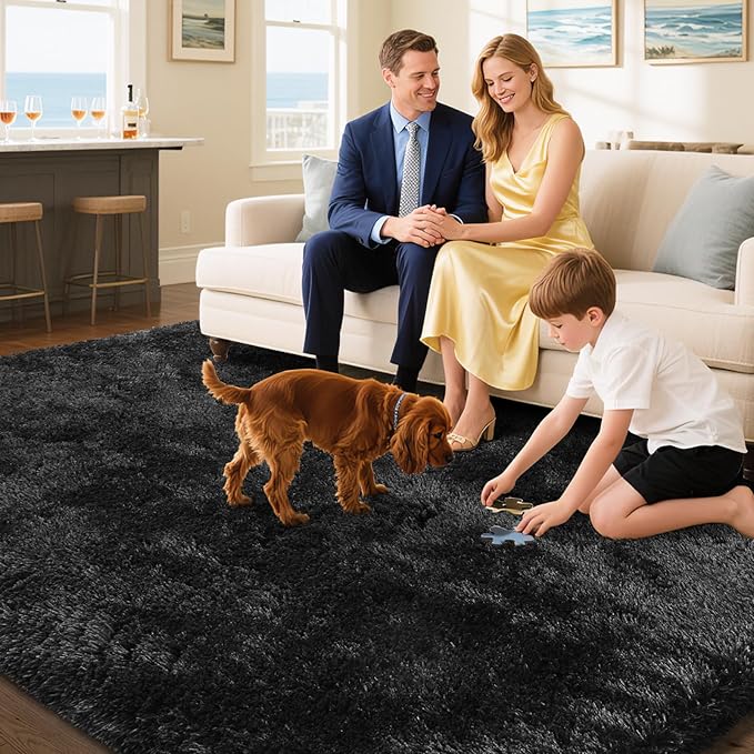 Fluffy Rug Shaggy Area Rug, Black 6x9 Area Rugs for Living Room, Large Shag Area Rugs for Bedroom Kids Room Home Decor, Upgrade Anti-Skid Rectangular Fuzzy Rugs