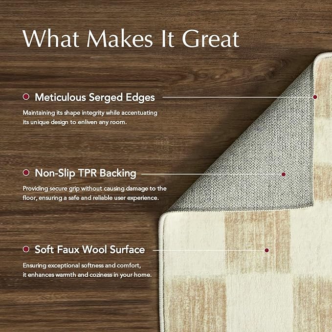EVERGRACE Checkered Plaid Area Rug 4x6, Soft Fuzzy Faux Wool Rugs Washable Anti Slip Rugs Large Rug Carpet for Entryway Bedroom Living Room Hallway Kitchen Dining Room and Laundry Room, Beige