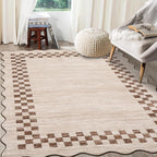 GarveeHome 4x6 Area Rug Small Washable Living Room Rug Scalloped Rug with Rubber Backing Stain Resistant Low Pile Dining Room Throw Carpet Modern Bordered Mat for Bedroom Kitchen, Beige