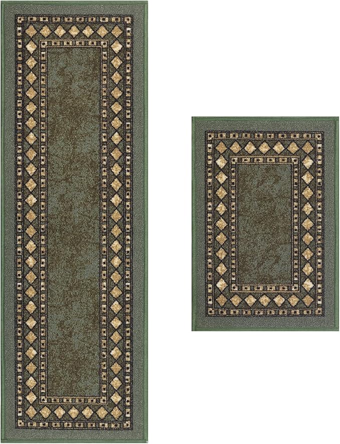 Antep Rugs Alfombras Modern Bordered 2pc Non-Skid (Non-Slip) Low Profile Pile Rubber Backing Indoor Kitchen Runner Rugs (Green, 2pc Set)