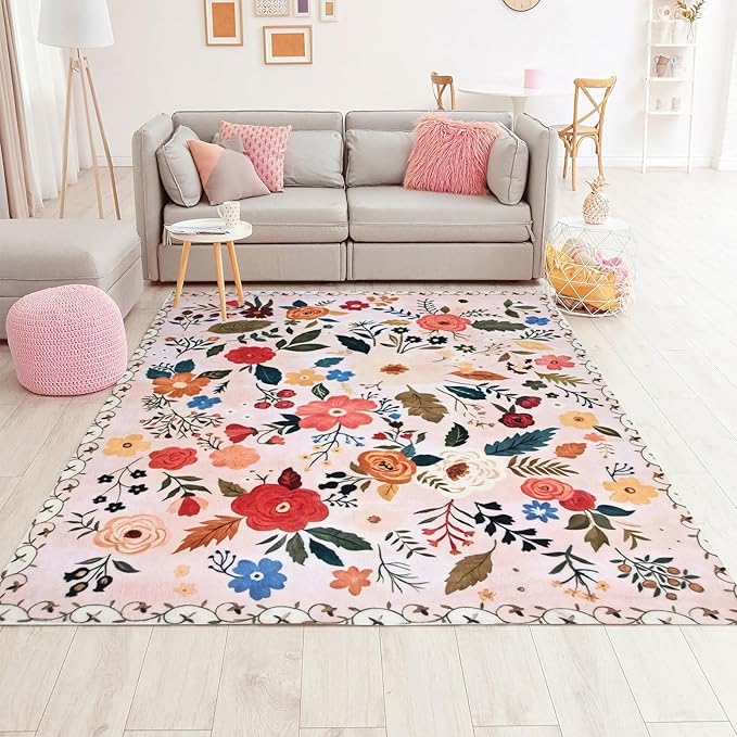 Floral Rug 4x6 Washable Low Pile Living Room Vintage Rug Soft Print Non-Slip Bedroom Carpet for Office Dining Room Home Decor（Pink）