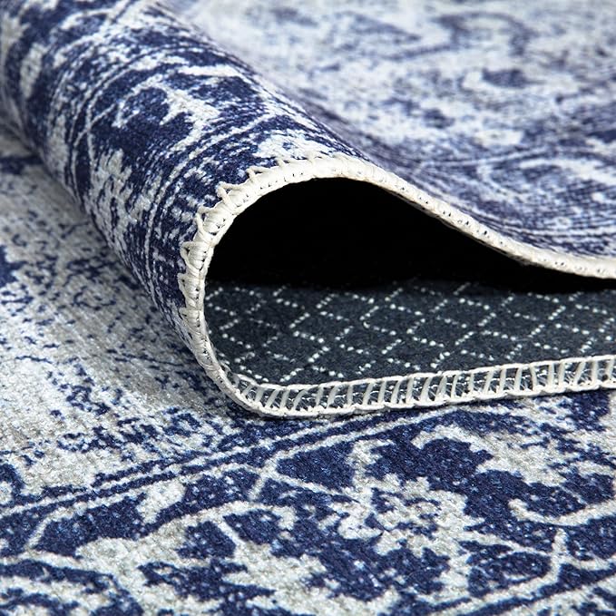 Bloom Rugs Washable Non-Slip 4' x 6' Rug - Blue/Ivory Traditional Area Rug for Living Room, Bedroom, Dining Room, and Kitchen - Exact Size: 4' x 6'