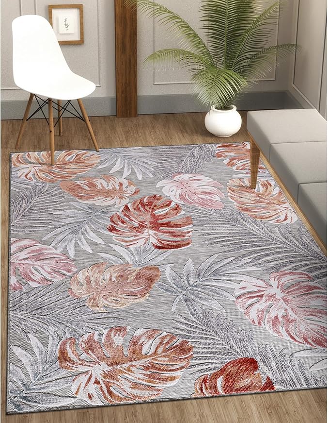 CAMILSON Indoor Outdoor Rug, Mult 10’x14’ Leaf Tropical Botanical Area Rugs for Indoor and Outdoor patios, Easy-Cleaning Non-Shedding Living Room, Garden and Kitchen Washable Outside Carpet (10x14)
