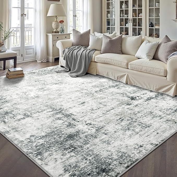 6x9 Machine Washable Area Rug for Living Room, Grey Modern Vintage Abstract Rug Large Non-Slip Low Pile Soft Faux Wool Carpet, Kids and Pets Friendly for Bedroom Dining Room Farmhouse Home Decor Rug