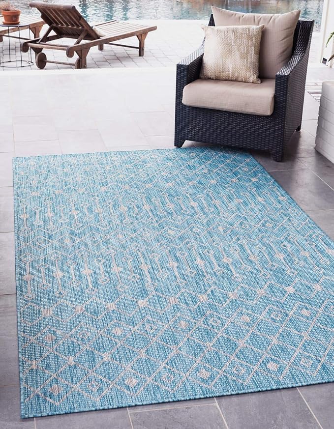 Unique Loom Outdoor Trellis Collection Area Rug - Tribal Trellis (6' 1" x 9' Rectangle, Aqua/ Ivory)