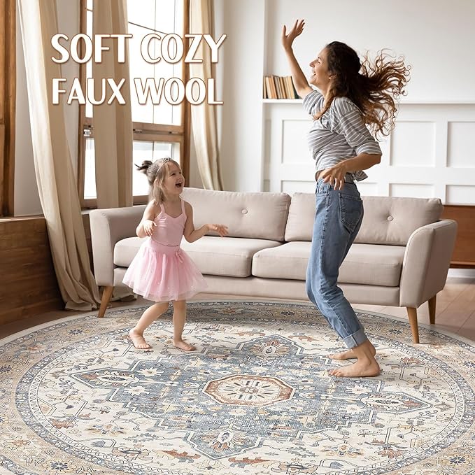 Round Rug Living Room Rugs: 10Ft Washable Boho Neutral Large Circle Soft Indoor Distressed Stain Resistant Floor Farmhouse Carpet for Bedroom Nursery Kids Playroom Office Dining Room Dorm- Beige Blue