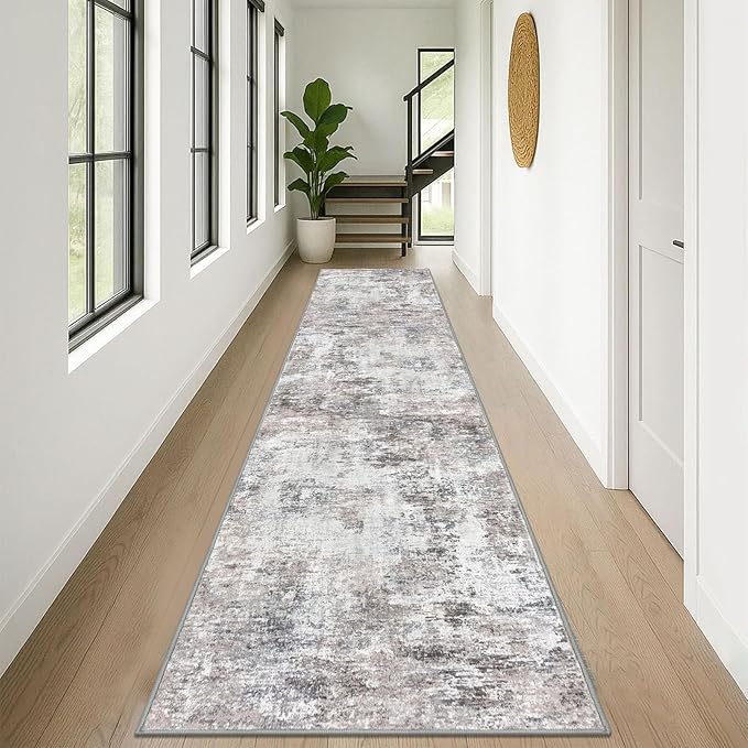 Modern Abstract 3x12 Runner Rug, Beige Grey Neutral Washable Long Kitchen Runner Non-Slip Soft Hallway Rug Runner Thin Print Faux Wool Floor Carpet for Entryway Hall Bedroom