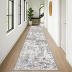 Modern Abstract 3x12 Runner Rug, Beige Grey Neutral Washable Long Kitchen Runner Non-Slip Soft Hallway Rug Runner Thin Print Faux Wool Floor Carpet for Entryway Hall Bedroom