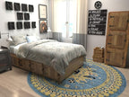 Unique Loom Taftan Collection Border Geometric Tribal Inspired Design Area Rug (8' 0 x 8' 0 Round, Light Blue/ Gold)