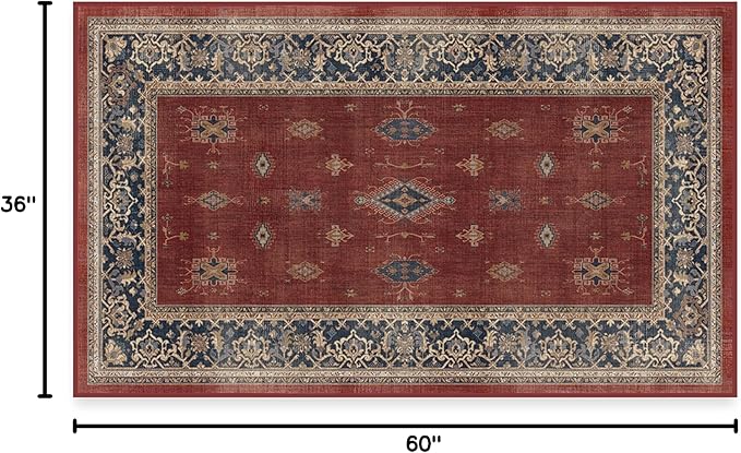 RUGGABLE Washable Vintage Area Rug – Verena Amber Red 3x5, Stain-Resistant, Non-Slip – Small Machine Washable Rugs for Living Room, Bedroom, Hallway, Entryway & Office–with Standard Pad