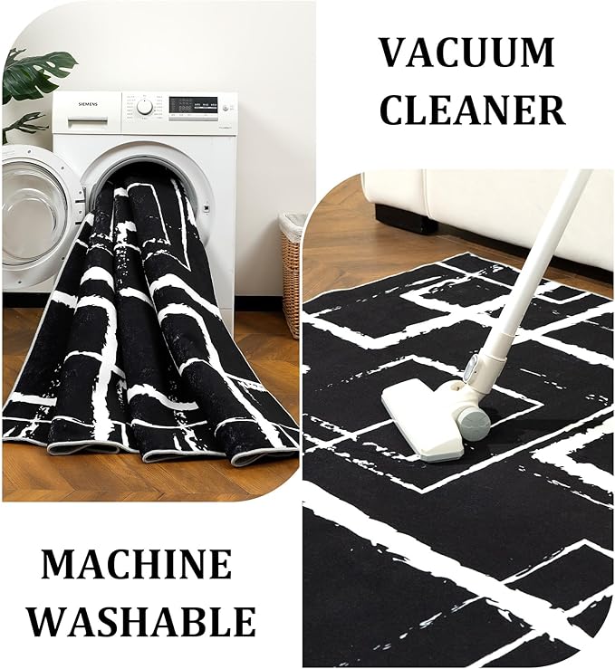 YIHOUSE Black Modern Geometric Area Rug 6x9, Black and White Rug with Abstract Rectangular Patterns,Non-Shedding Washable Rugs for Bedroom, Home Office and Living Room