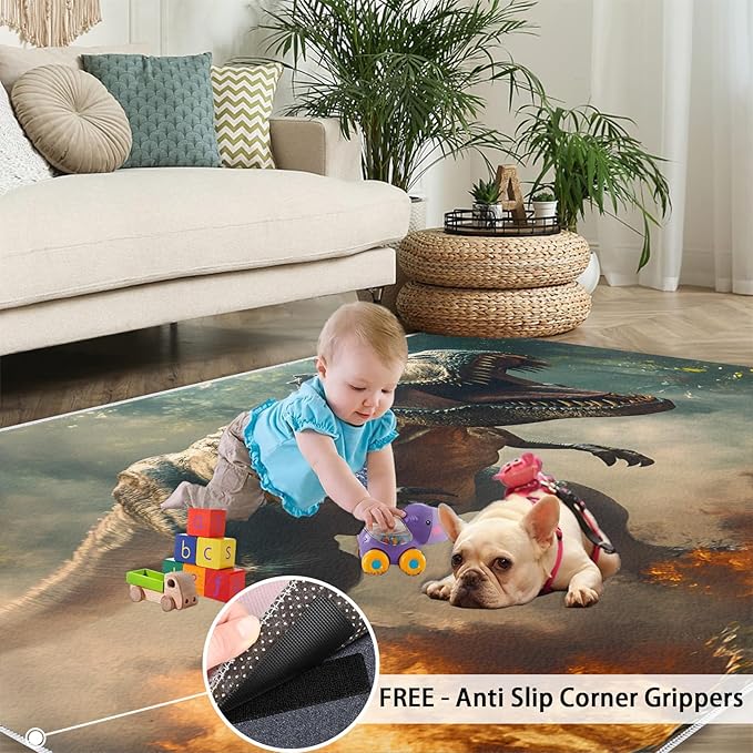 Dinosaurs Rugs for Bedroom - 2x3 Area Rug - Flame Dinosaurs Rugs for Living Room, Forest Landscape Rug, Washable Home Decor Carpet