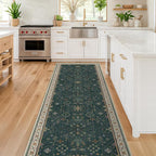 Dark Green Kitchen Rug 12 ft Long - Modern Vintage Boho Eclectic Floral with Brown Accent, Washable Low Pile Non-Slip Extra Long Wide Runner Rugs for Hallway, 3x12