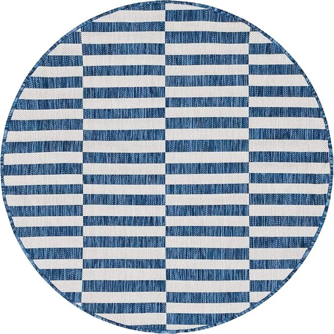 Unique Loom Outdoor Striped Collection Area Rug - Striped (4' 1" Round, Blue/Ivory)