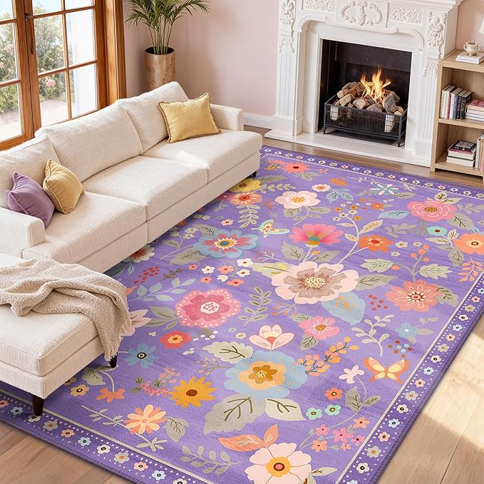 Floral 8x10 Area Rug Machine Washable Soft Print Boho Carpet Non Slip Doormat Low Pile Flower Area Rugs for Living Room Bedroom Nursery Kitchen Dining Room Indoor-Purple/Pink/Multi