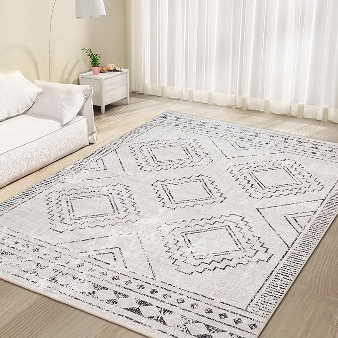 ILANGO Moroccan Area Rugs 3'x5' for Living Room Machine Washable Boho Area Rugs Dedroom with Rubber Backing Non Slip Carpet for Farmhouse Dining Room, Ultra-Thin, Foldable, Easy Clean