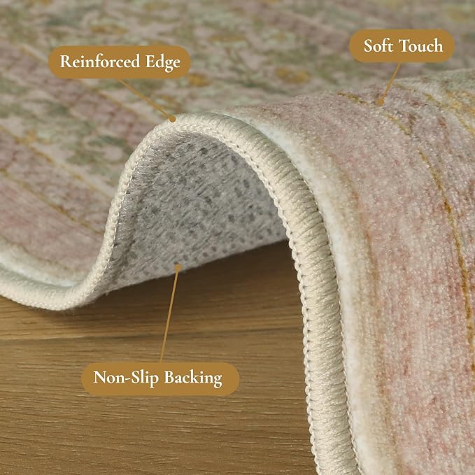 Bavni 3x5 Vintage Floral Rug, Washable Non Slip Area Rug for Entryway, Bedroom, Kitchen or Living Room, Low Pile Carpet, Brown Pink