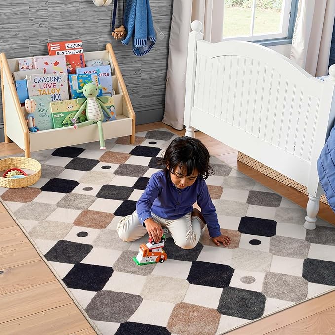jinchan Macy Area Rug 4x6 Kids Washable Indoor Non-Slip Black and White Modern Soft Rug Elementary School Classroom Diamond Carpet for Nursery Playroom Daycare Bedroom Living Room Marble on Cream