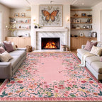 Wonnitar Washable Pink Floral 8x10 Rugs for Bedroom, Non-Slip Living Room Area Rug, Cute Nursery Large Botanical Area Rug, Soft Floor Carpet for Playroom Closet (Pink,8'x10')