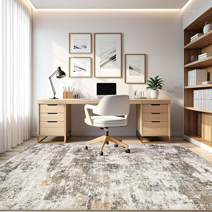 7x9 Area Rug Living Room: Washable Large Abstract Neutral Modern Soft Rugs Stain Resistant Indoor Floor Non-Slip Accent Carpet for Bedroom Nursery Playroom Dining Room Office Dorm Home- Brown Yellow