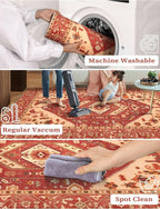 SERISSA Boho Washable Runner Rug, 2x5 Rug Runner Non-Slip Vintage Red Beige Hallway Kitchen Runner Rug Ultra Soft Print Distressed Floor Carpet Runner for Bedroom Bathroom Laundry Living Room