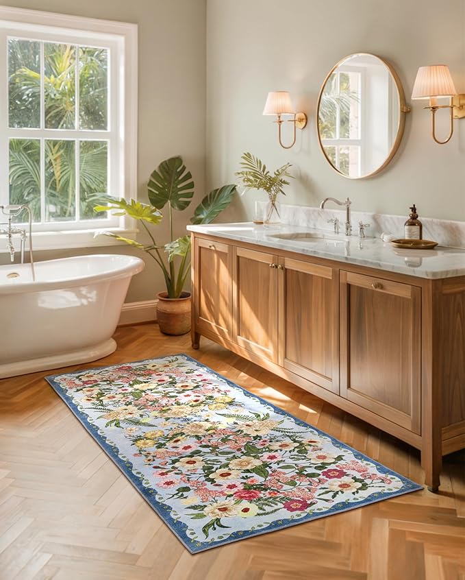 Floral Runner Rug 2x6 - Washable Vintage Kitchen Rug Low Pile Non-Slip Carpet for Entryway Hallway, Laundry, Bedroom - Soft, Stain Resistant Indoor Area Rug - Blue