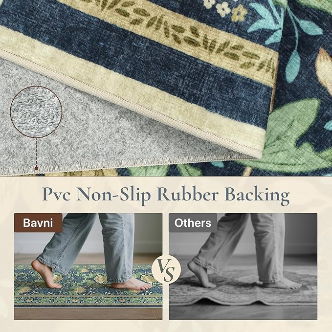 Bavni 5x7 Area Rugs for Living Room, Microfiber Machine Washable Non-Slip Vintage Floral Rug, Low Pile Lightweight Carpet for Bedroom, Dining Room, Home Office, Navy Blue & Sage Green