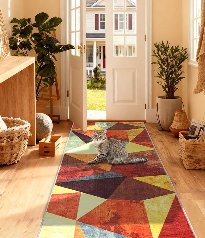 YIHOUSE Brown Runner Rug 2x6 for Hallway,Geometric Burnt Orange Area Rug Non Slip,Farmhouse Rugs Washable,Vintage Burgundy Carpets, Boho Rug for Kitchen
