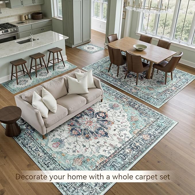 Area Rugs 5'x8' Washable Non-Slip, Floral Vintage Distress Print Pattern Medallion Carpet for Living Room Bedroom Dining Room, Green Navy Blue White Red Teal Colorful