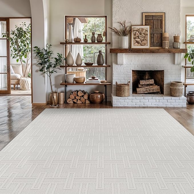 Micro Loop Indoor Rug White 9x12 Boho Geometric Neutral Area Rugs for Living Room Soft Luxury Modern Low and High Pile Durable Stain Resistant Non-Shedding Indoor Area Carpet 9 x 12