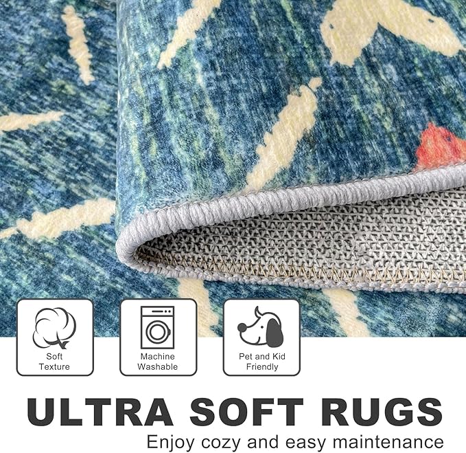KILOCOCO Hallway Runner Rug 2'x8' Runners for Hallways Soft Washable Runner Rugs Non Slip Printed Low-Pile Runners for Bedroom Kitchen Living Room Laundry Room Boho Rugs, Teal/Blue
