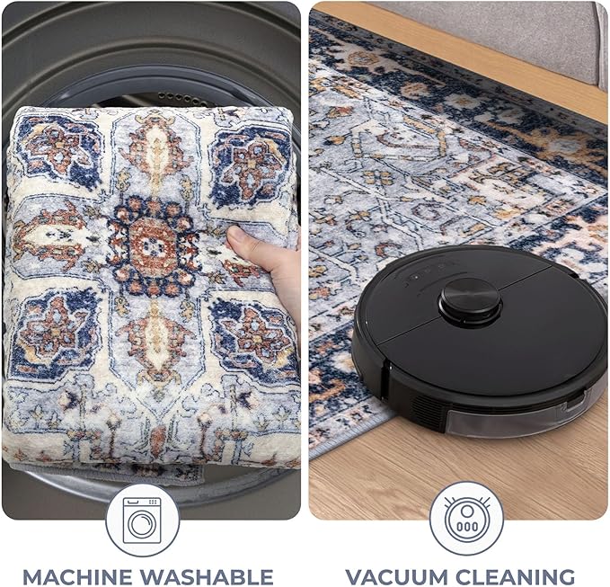 KOZYFLY Boho Area Rug 3x5 Ft Rugs for Entryway Washable Entry Rug Non Slip Door Mat Indoor Entrance Printed Faux Wool Throw Rugs for Entrance Front Porch Kitchen Living Room, Blue Gray/Cream