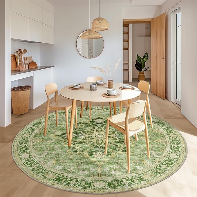 Area Rugs 7ft Washable Non-Slip, Floral Vintage Distress Print Pattern Medallion Carpet for Living Room Bedroom Dining Room, Sage Green Yellow