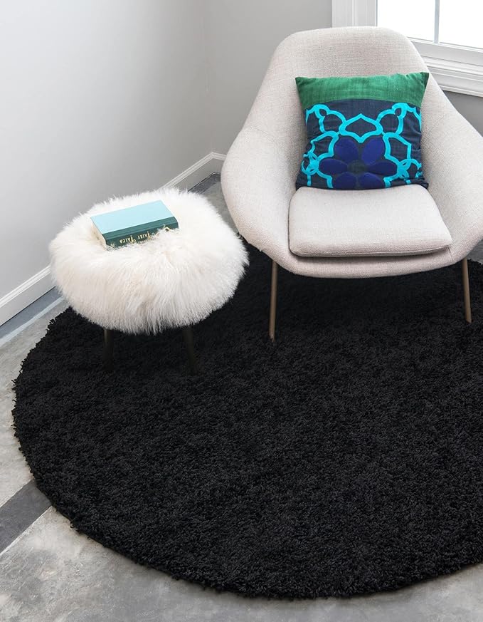 Unique Loom Solid Shag Collection Area Rug (5' 3" Round, Jet Black)