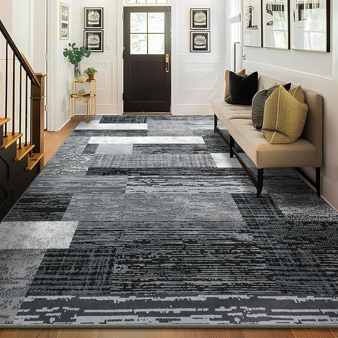 Large Area Rugs,Modern Geometric Patchwork Floor Decor for Bedroom Aesthetic Carpet, Rockwood Collection, Indoor Rugs for Living Room, Dining Room, Nursery, Office, Machine Washable Rug,5x8 Ft Grey